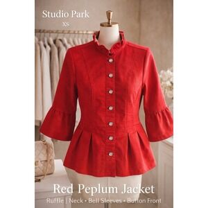 Studio Park Red Denim Peplum Jacket  XS Ruffle Neck Button Front Stretch Cotton